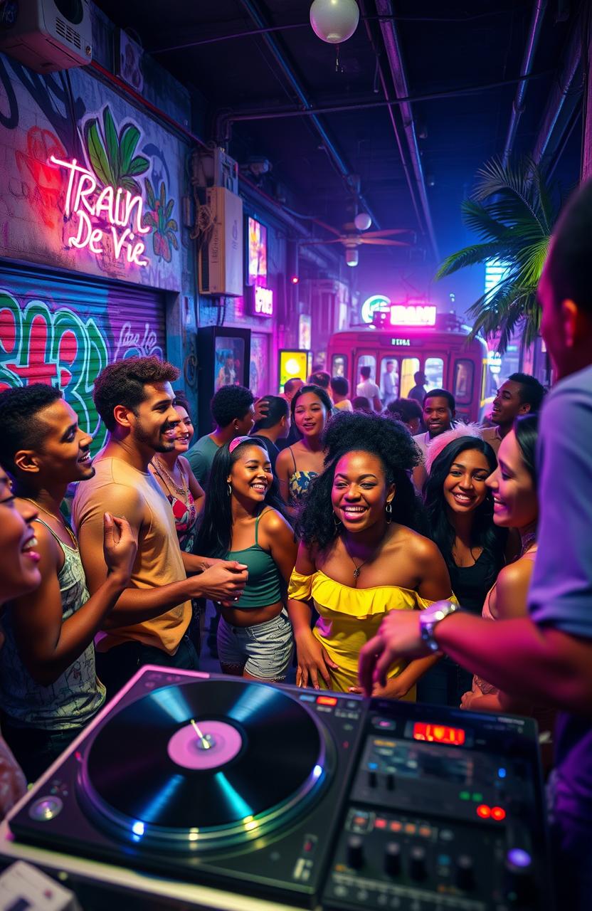 A dynamic urban scene depicting a vibrant street party with people dancing and enjoying life, inspired by the song "Train De Vie" by $pidey Low & Kay B