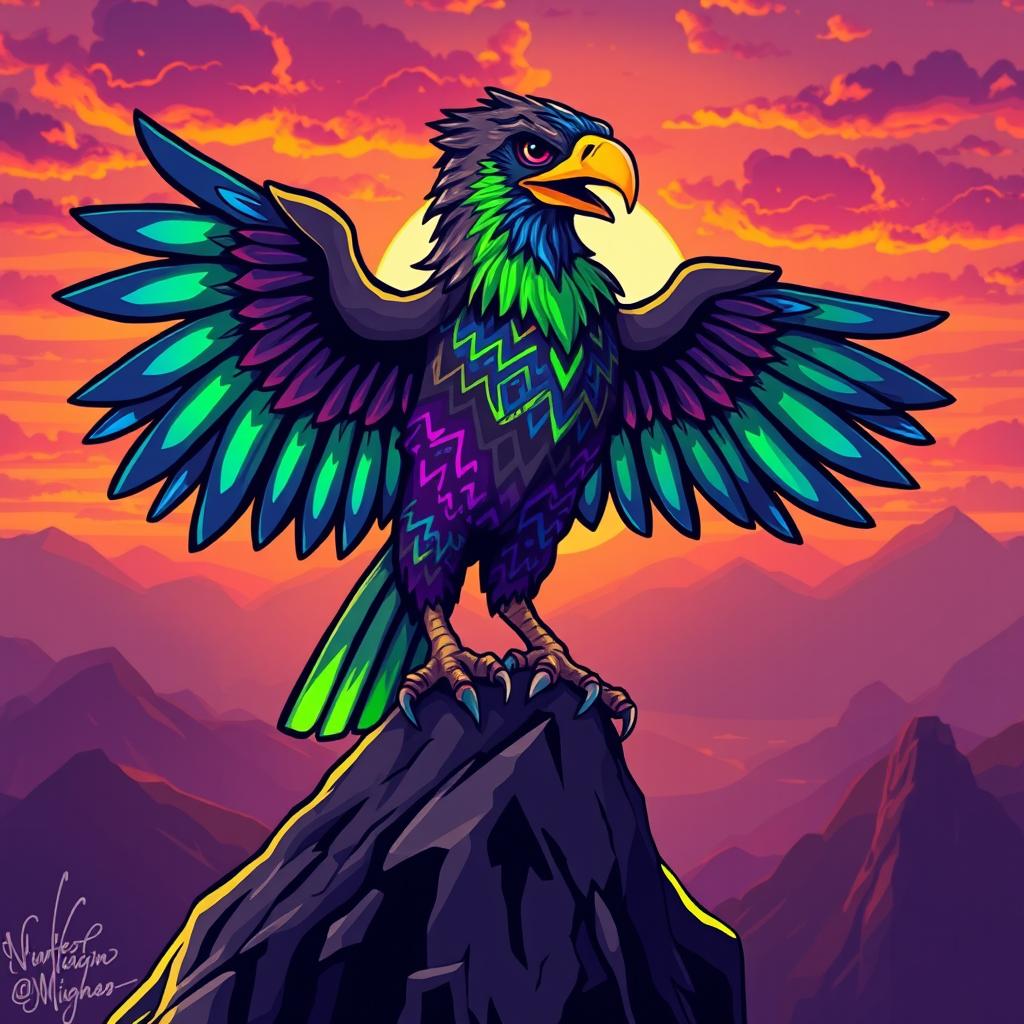 A stylized gaming buzzard, resembling a fierce and colorful bird of prey, perched confidently on a high rock against a dramatic sunset sky