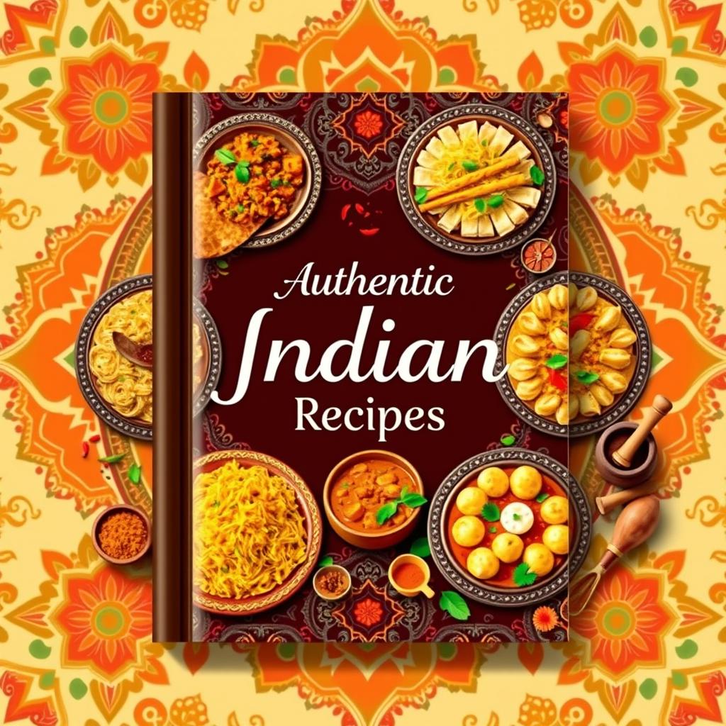 An ornate cover design for an Indian recipe book, showcasing a vibrant array of traditional Indian dishes like biryani, butter chicken, samosas, and paneer tikka, arranged beautifully on colorful platters