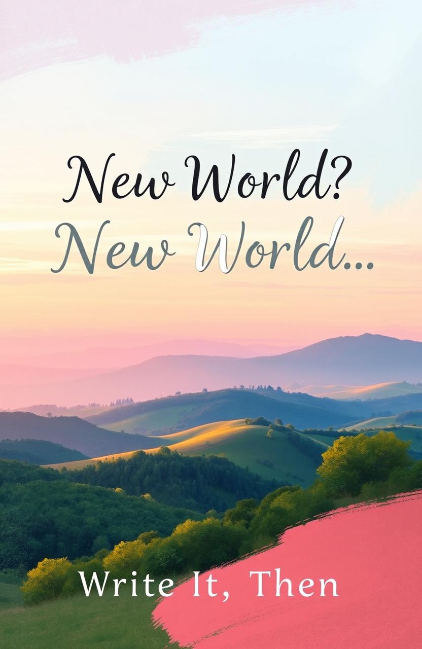 A stunning book cover design for an adventure story titled "New World? Write It, Then!" The cover features a beautiful horizon with a harmonious blend of soft pastel colors, reminiscent of Impressionist paintings