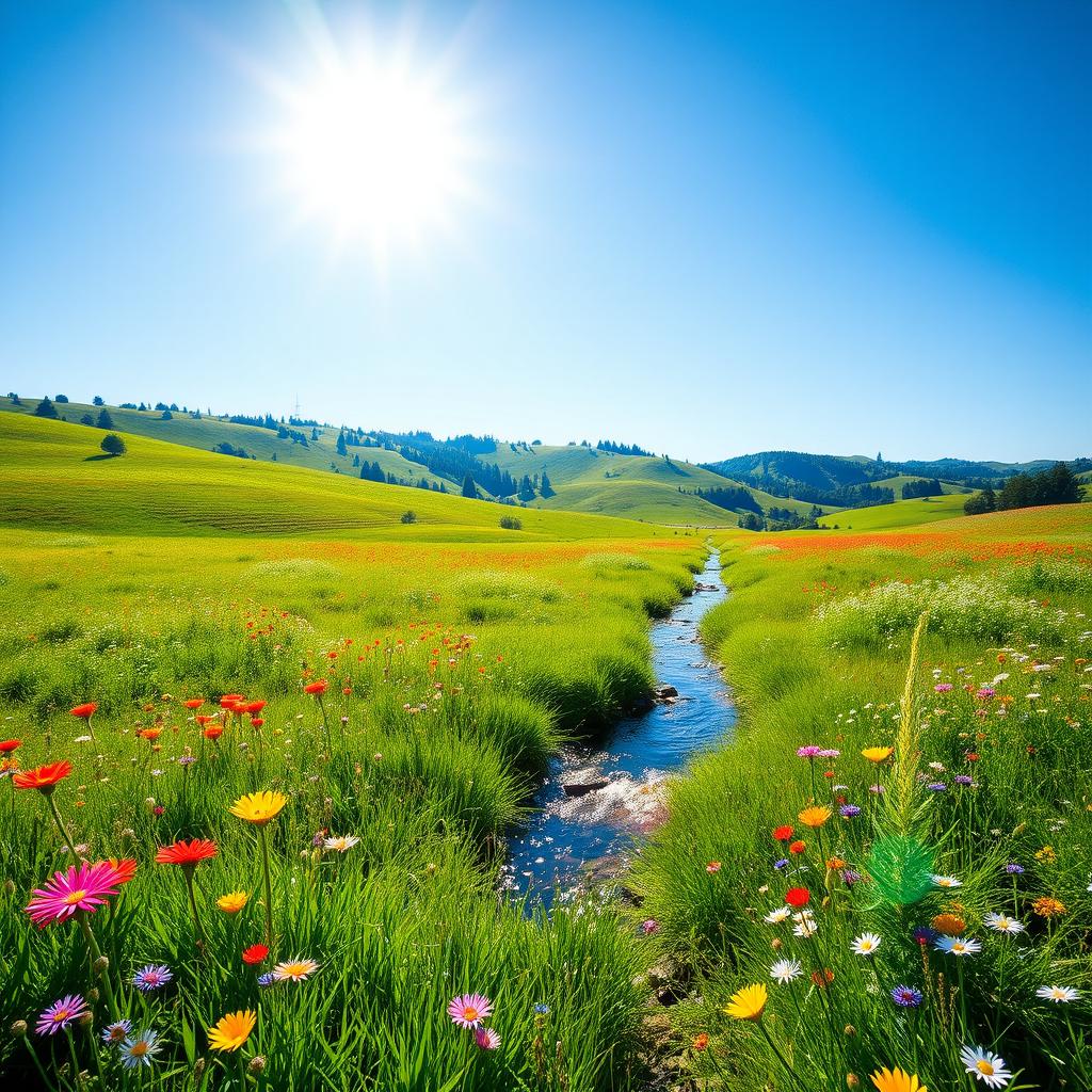 A vibrant, high-resolution image of a picturesque landscape showcasing a lush green meadow filled with wildflowers in various colors such as red, yellow, and blue under a clear blue sky