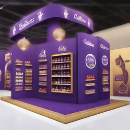 Design a 240x160x150 cm Cadbury stand, merging smart design with Ramadan allure. The stand should display Islamic-inspired shapes, glass panels, soft lighting, and shelves embellished with Ramadan lanterns, creating an innovative and indulgent chocolate haven.