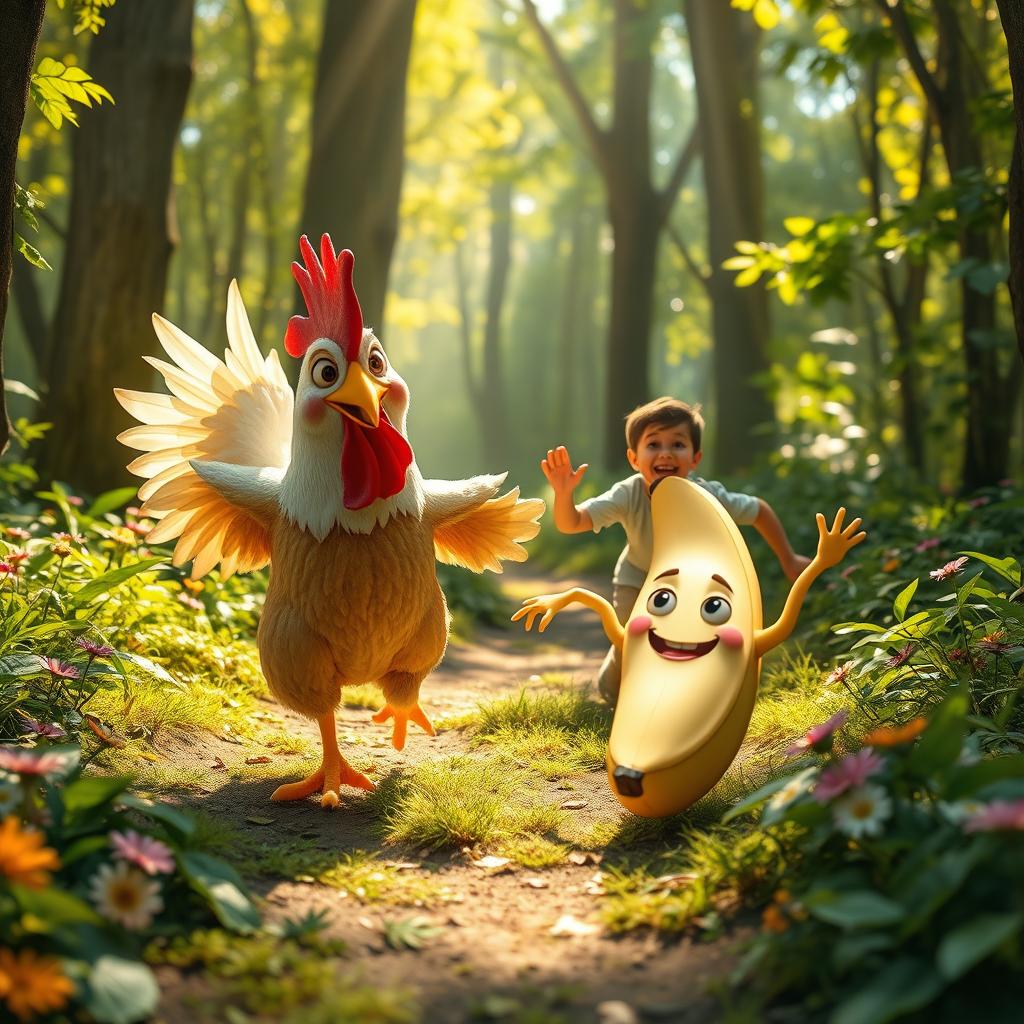 A whimsical scene depicting a human-like chicken and a banana animatedly chasing a person through a vibrant, lush forest