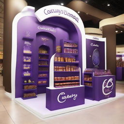 Design a 240x160x150 cm Cadbury stand, merging smart design with Ramadan allure. The stand should display Islamic-inspired shapes, glass panels, soft lighting, and shelves embellished with Ramadan lanterns, creating an innovative and indulgent chocolate haven.