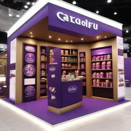 Design a 240x160x150 cm Cadbury stand, merging smart design with Ramadan allure. The stand should display Islamic-inspired shapes, glass panels, soft lighting, and shelves embellished with Ramadan lanterns, creating an innovative and indulgent chocolate haven.