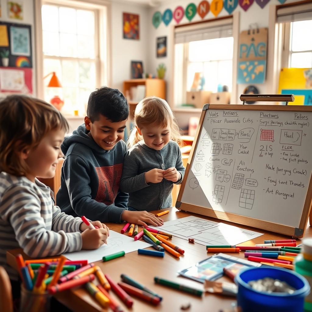 A cozy, colorful classroom scene featuring three children actively engaged in a project