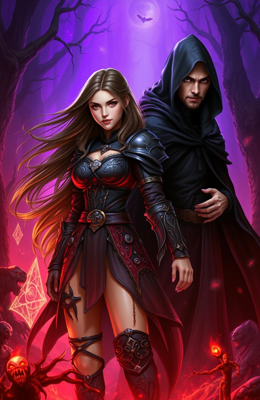 A stunning fantasy book cover featuring a strong female protagonist and a mysterious man, set in a magical world filled with vampires and creatures with inhumane powers