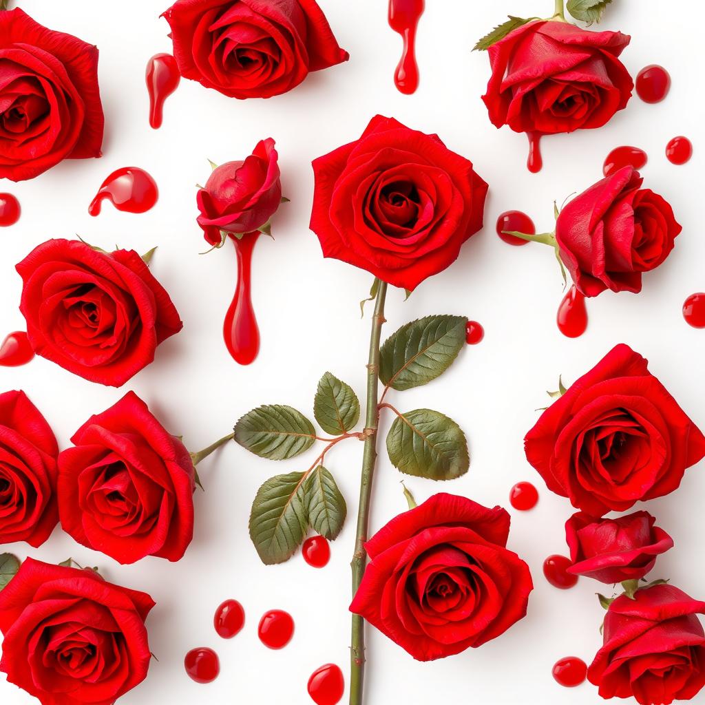 A stunning arrangement of blood dripping roses against a pristine white background
