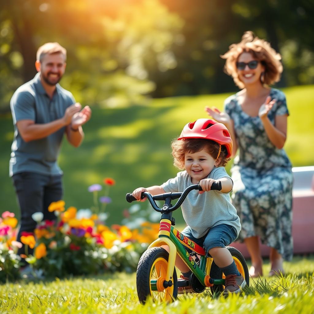 A young boy, around 5 years old, with curly brown hair and wearing a bright red helmet, is attempting to ride a small, colorful bicycle in a sunny park