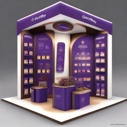 Design a 240x160x150 cm Cadbury stand, merging smart design with Ramadan allure. The stand should display Islamic-inspired shapes, glass panels, soft lighting, and shelves embellished with Ramadan lanterns, creating an innovative and indulgent chocolate haven.