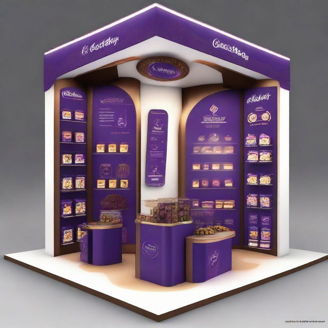 Design a 240x160x150 cm Cadbury stand, merging smart design with Ramadan allure. The stand should display Islamic-inspired shapes, glass panels, soft lighting, and shelves embellished with Ramadan lanterns, creating an innovative and indulgent chocolate haven.