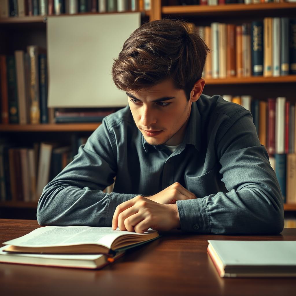 A thoughtful student sitting at a desk, resting his hands on the table, gazing thoughtfully at a notebook lying next to him, which is filled with notes