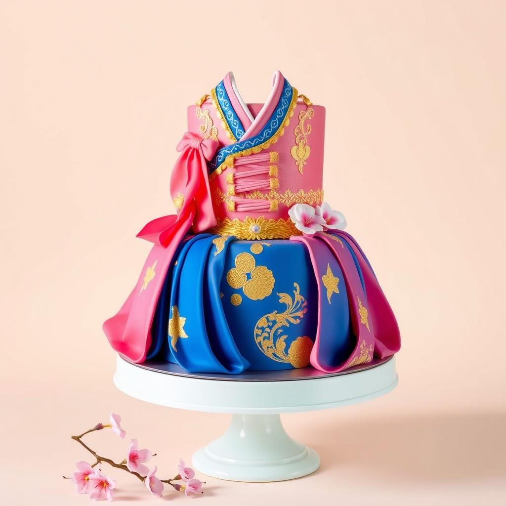 A beautifully crafted cake designed to resemble a traditional Korean hanbok