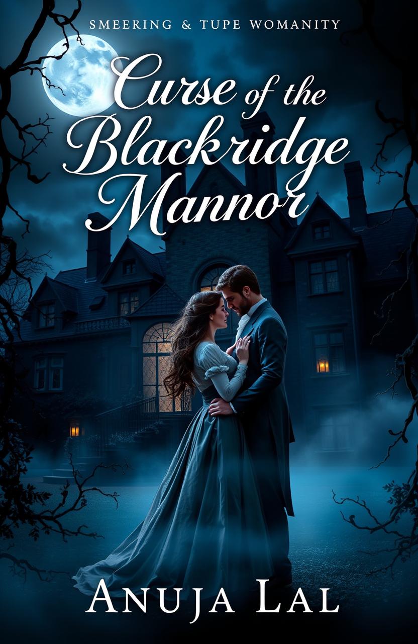A stunning book cover for a romantic mystery novel titled 'Curse of the Blackridge Manor'