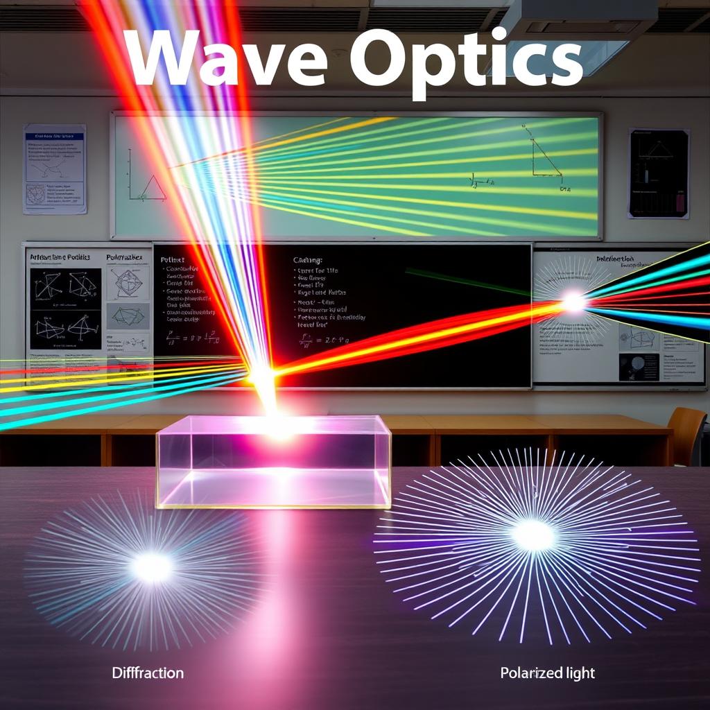 An educational scene depicting the concepts of wave optics, showcasing phenomena such as interference patterns, diffraction patterns, and polarization effects