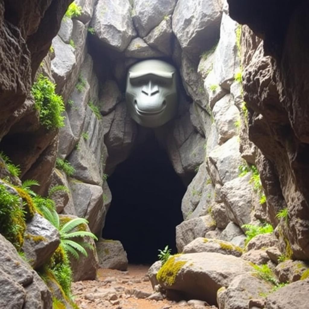 A majestic cave entrance framed by rugged rocks, prominently featuring a massive rock sculpture of a monkey's head integrated into the cave's natural stone structure