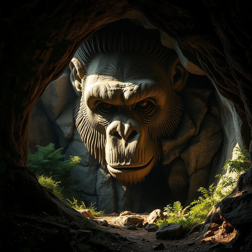 A cave entrance resembling a massive monkey head carved from rock, with intricate details capturing the fierce expression of the monkey's face, surrounded by lush vegetation and dramatic shadows