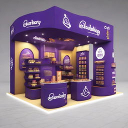 Design a 240x160x150 cm Cadbury stand, merging smart design with Ramadan allure. The stand should display Islamic-inspired shapes, glass panels, soft lighting, and shelves embellished with Ramadan lanterns, creating an innovative and indulgent chocolate haven.