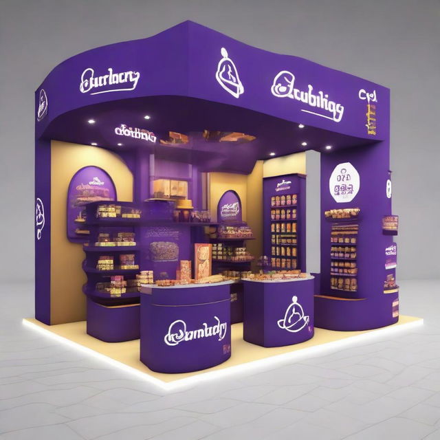 Design a 240x160x150 cm Cadbury stand, merging smart design with Ramadan allure. The stand should display Islamic-inspired shapes, glass panels, soft lighting, and shelves embellished with Ramadan lanterns, creating an innovative and indulgent chocolate haven.