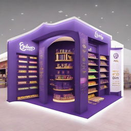 Design a 240x160x150 cm Cadbury stand, merging smart design with Ramadan allure. The stand should display Islamic-inspired shapes, glass panels, soft lighting, and shelves embellished with Ramadan lanterns, creating an innovative and indulgent chocolate haven.