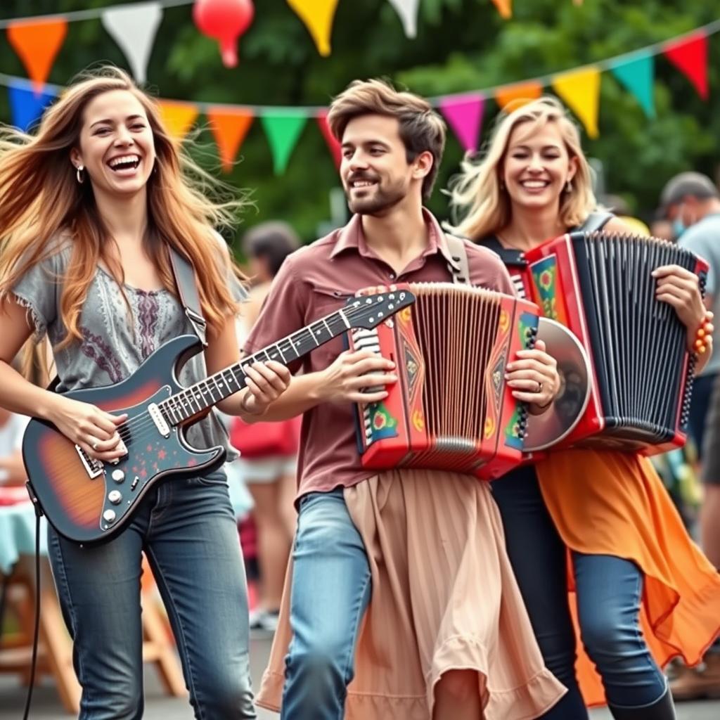 A vibrant scene featuring three young musicians: a woman with an electric guitar, a man playing a colorful accordion, and another woman holding a tambourine