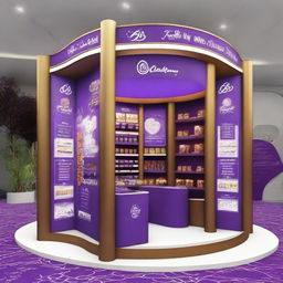 Design a 240x160x150 cm Cadbury stand, merging smart design with Ramadan allure. The stand should display Islamic-inspired shapes, glass panels, soft lighting, and shelves embellished with Ramadan lanterns, creating an innovative and indulgent chocolate haven.