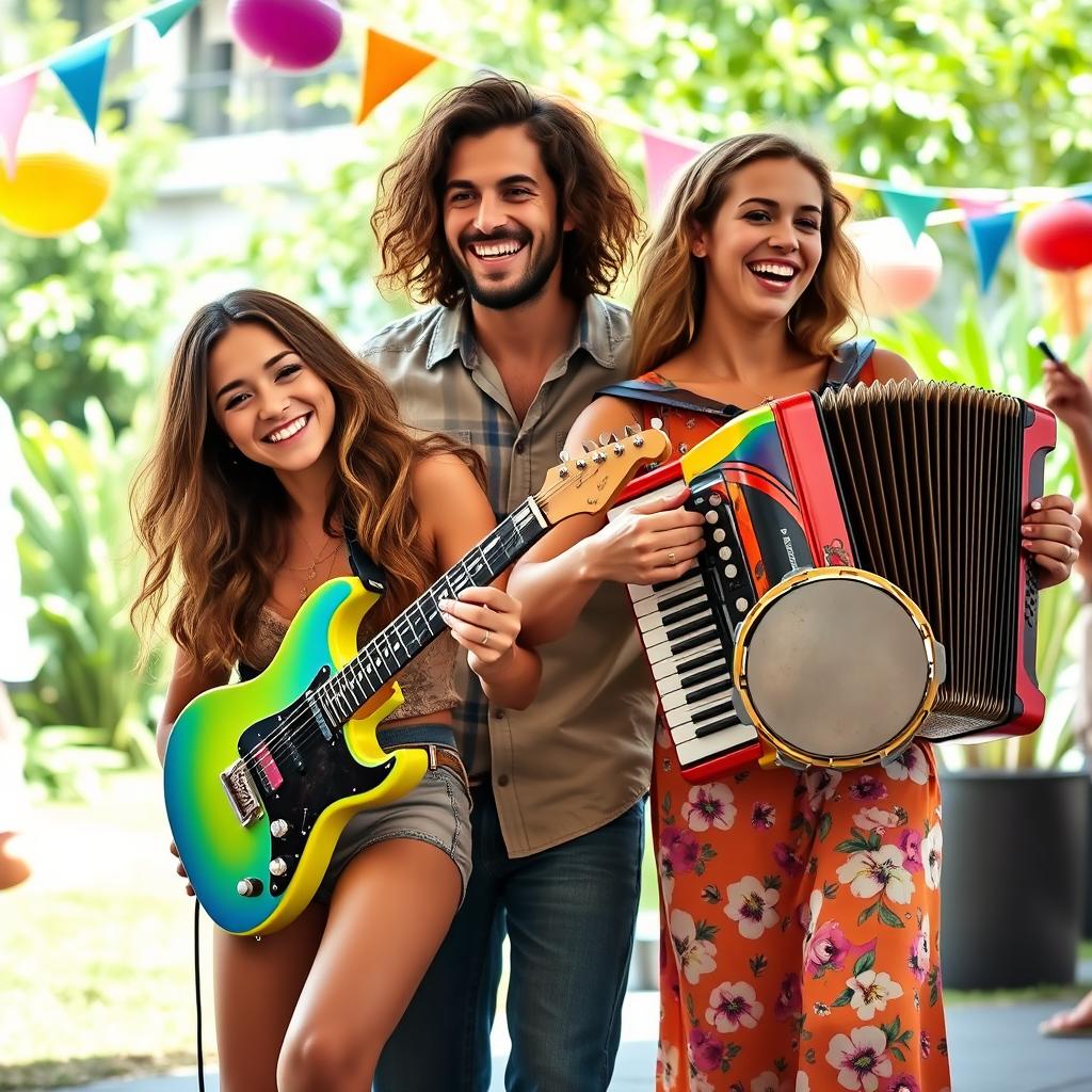 A lively image of three young musicians: a woman with a vibrant electric guitar, a man passionately playing a colorful accordion, and another woman joyfully holding a tambourine