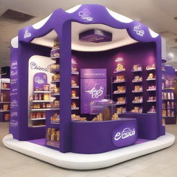 Design a 240x160x150 cm Cadbury stand, merging smart design with Ramadan allure. The stand should display Islamic-inspired shapes, glass panels, soft lighting, and shelves embellished with Ramadan lanterns, creating an innovative and indulgent chocolate haven.