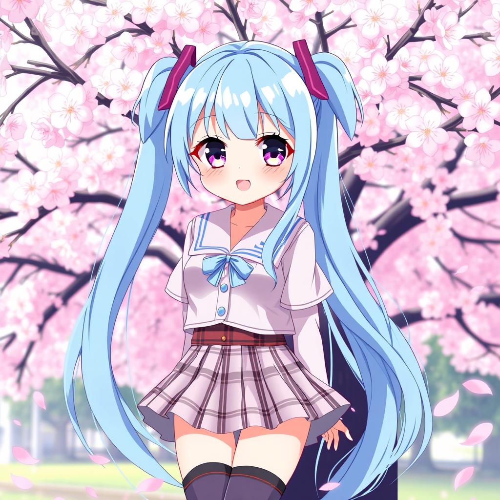 A vibrant anime girl with long flowing pastel blue hair styled in twin tails, wearing a stylish, intricate school uniform with a short plaid skirt and knee-high socks