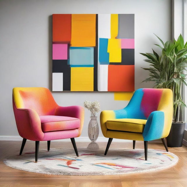 Two chairs artistically situated in a bright, modern setting adorned with bursting colors and contemporary design elements.