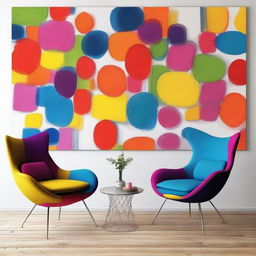 Two chairs artistically situated in a bright, modern setting adorned with bursting colors and contemporary design elements.