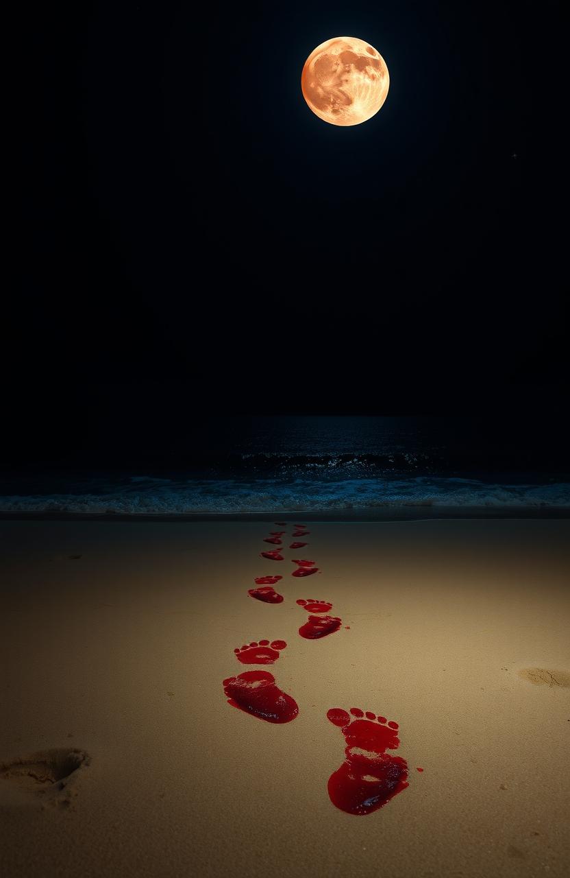 A night beach scene with a dark background, illuminated by the moonlight featuring a full red moon in the sky
