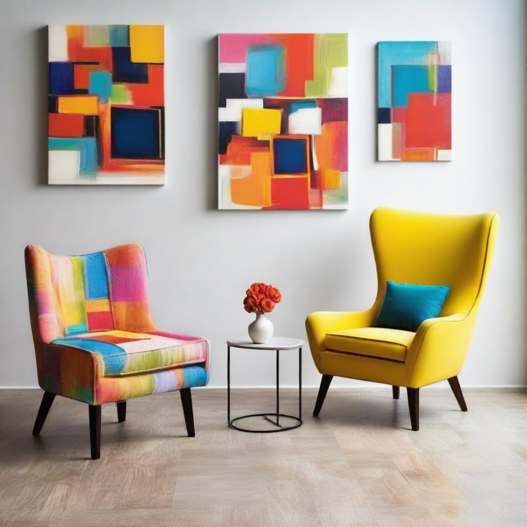 Two chairs artistically situated in a bright, modern setting adorned with bursting colors and contemporary design elements.