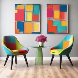 Two chairs artistically situated in a bright, modern setting adorned with bursting colors and contemporary design elements.