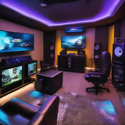 A high-tech gaming room with LED lights, multiple gaming monitors, comfortable gamer chair, VR headset, high-quality sound system and a collection of various gaming consoles and video games