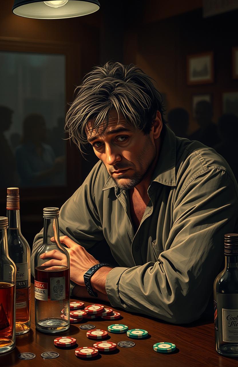 A dramatic scene depicting Lucius, a middle-aged man with disheveled hair and weary eyes, sitting at a dimly lit bar surrounded by empty bottles of alcohol and scattered poker chips