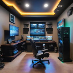 A high-tech gaming room with LED lights, multiple gaming monitors, comfortable gamer chair, VR headset, high-quality sound system and a collection of various gaming consoles and video games