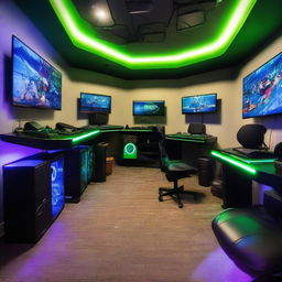 A high-tech gaming room with LED lights, multiple gaming monitors, comfortable gamer chair, VR headset, high-quality sound system and a collection of various gaming consoles and video games