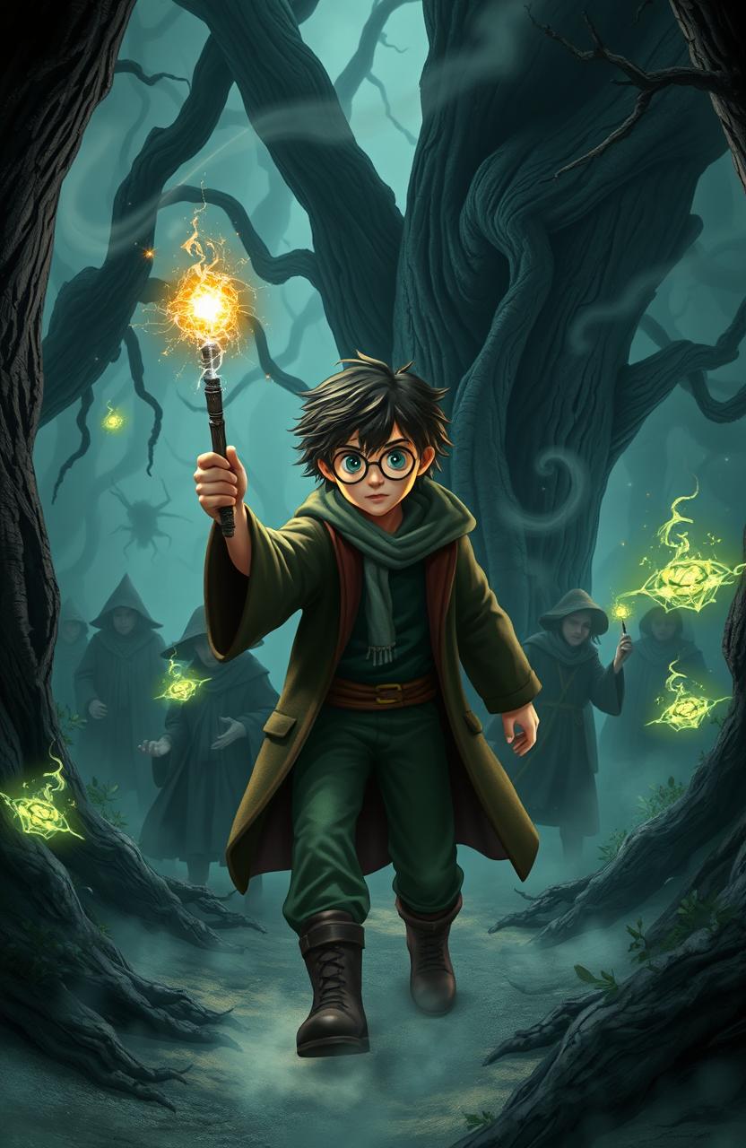 An adventurous scene from a Harry Potter-inspired fantasy world depicting a group of wizards in a dark, mystical forest