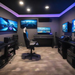 A high-tech gaming room with LED lights, multiple gaming monitors, comfortable gamer chair, VR headset, high-quality sound system and a collection of various gaming consoles and video games