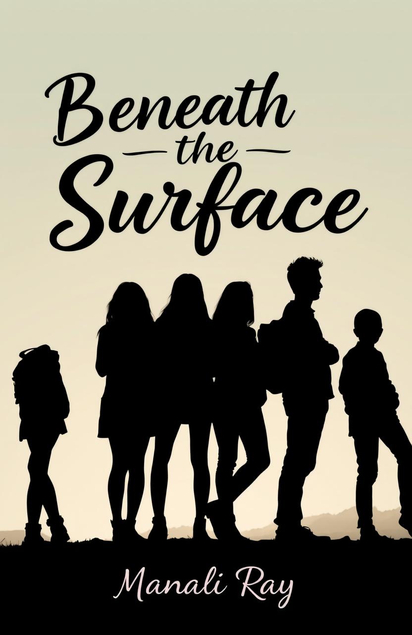 The silhouettes of four friends—two girls and two boys—standing together at the outskirts of a serene landscape
