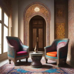 Two chairs illuminated within a modern Arabic setting radiating with vibrant colors, intricate patterns, and stylish design elements.