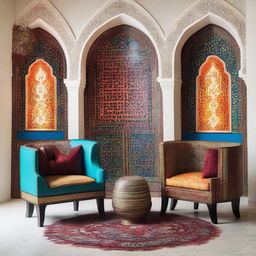 Two chairs illuminated within a modern Arabic setting radiating with vibrant colors, intricate patterns, and stylish design elements.