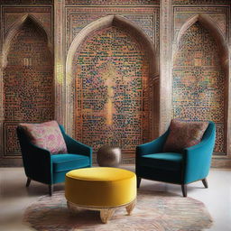 Two chairs illuminated within a modern Arabic setting radiating with vibrant colors, intricate patterns, and stylish design elements.