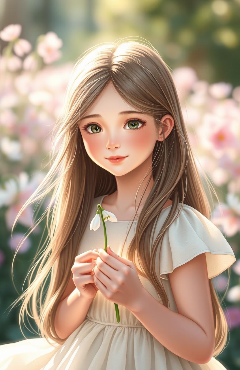 A beautifully detailed portrait of a girl with long flowing hair, exuding elegance and grace, holding a delicate snowdrop flower