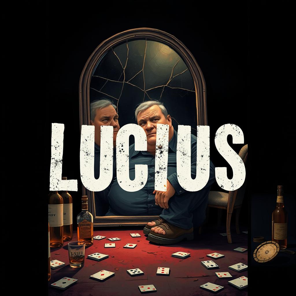 A novel cover illustration featuring Lucius, a middle-aged, obese man with a somber expression, sitting alone in a dimly lit room that symbolizes his inner turmoil