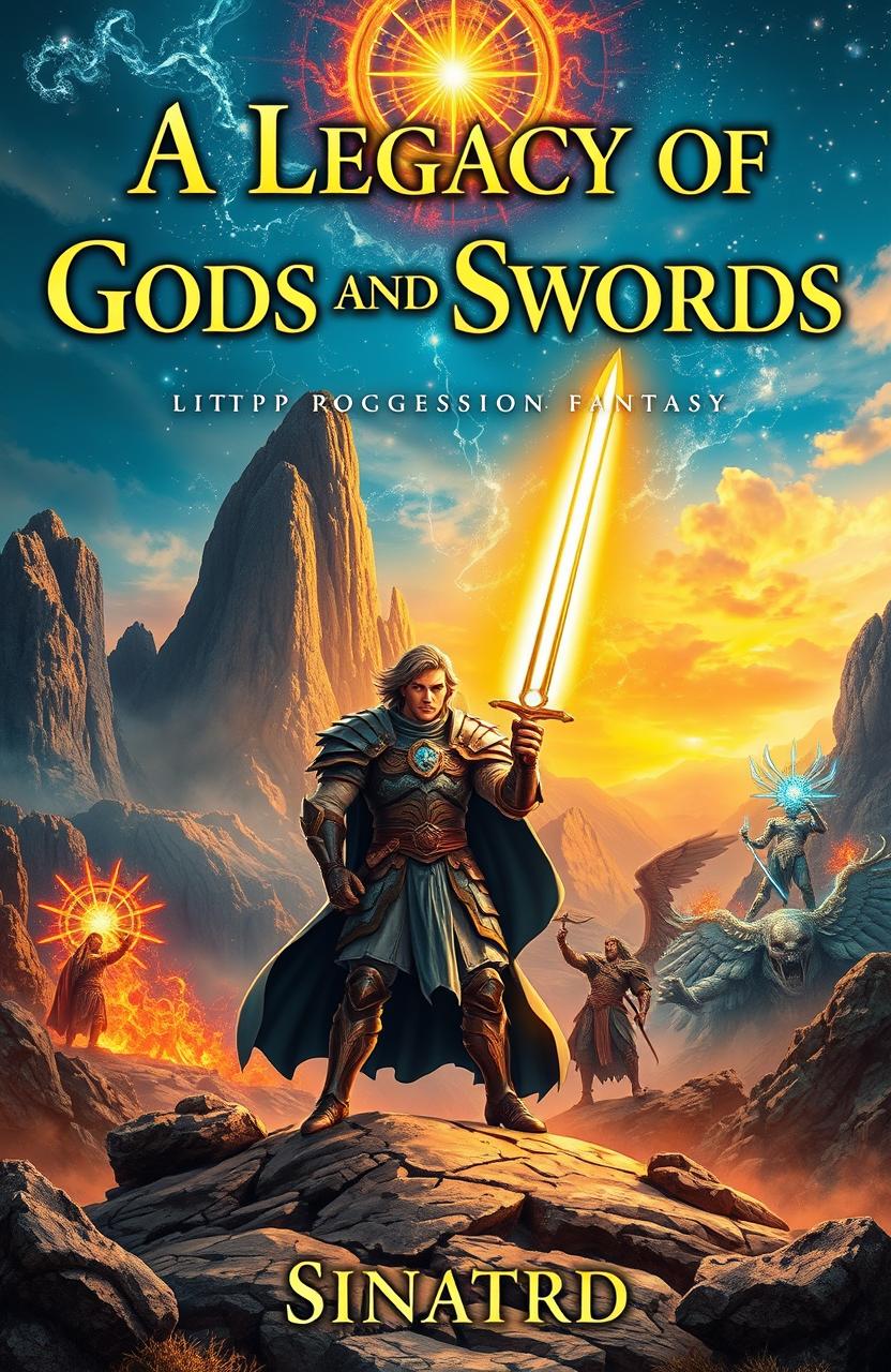 A stunning book cover for a fantasy epic titled 'A Legacy of Gods and Swords', featuring an ancient, majestic landscape with towering mountains and a vibrant sky filled with celestial phenomena