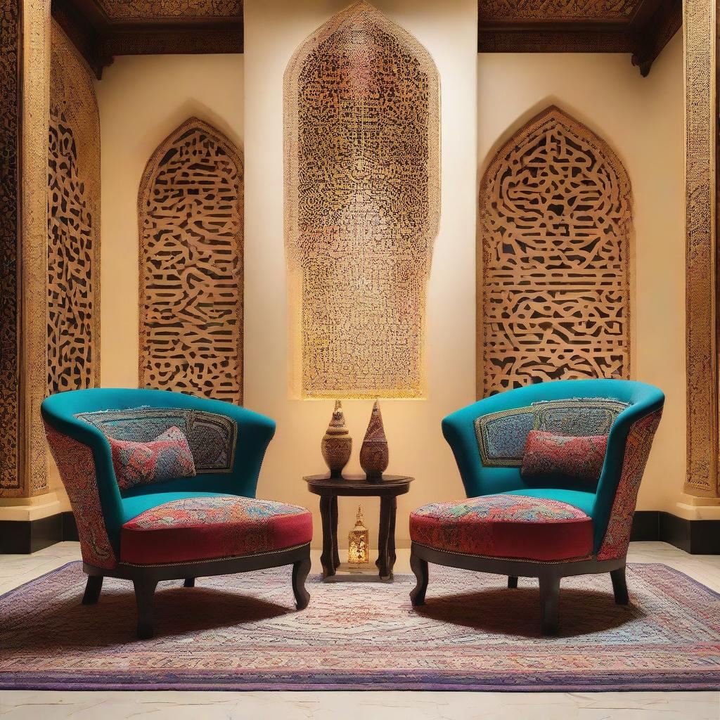 Two chairs illuminated within a modern Arabic setting radiating with vibrant colors, intricate patterns, and stylish design elements.