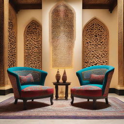 Two chairs illuminated within a modern Arabic setting radiating with vibrant colors, intricate patterns, and stylish design elements.