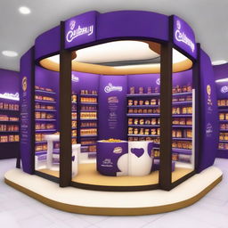 Design a 240x160x150 cm Cadbury stand, merging smart design with Ramadan allure. The stand should display Islamic-inspired shapes, glass panels, soft lighting, and shelves embellished with Ramadan lanterns, creating a perfect blend of innovation and chocolate indulgence.